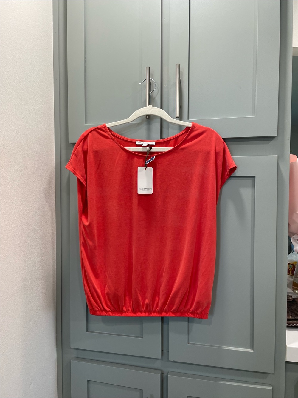 Green Envelope Red Cap Sleeve Blouson Top